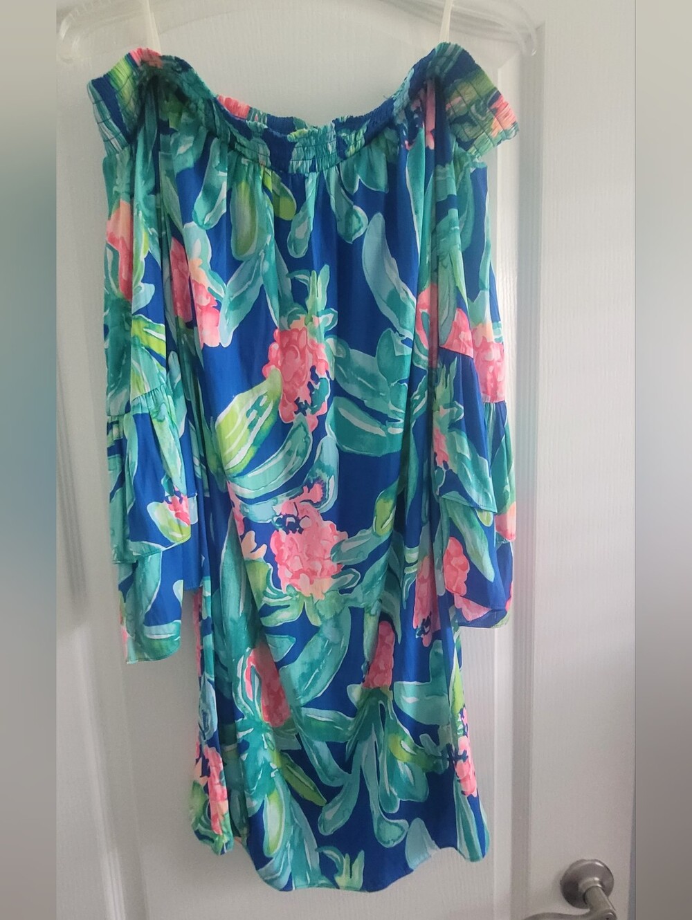 Lilly Pulitzer Teal and Pink Off The Shoulder Smocked Top - Picture 1 of 5